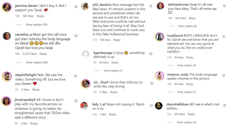 Screencap dai commenti Instagram di Taraji P. Henson.