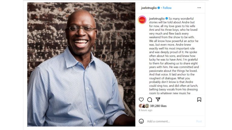 Screencap di un omaggio ad Andre Braugher dalla pagina Instagram pubblica di Joe Lo Truglio.