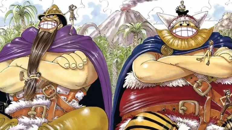 Quadro colorato disegnato da Oda di Brogy e Dorry che sorridono con le braccia incrociate in One Piece Little Garden