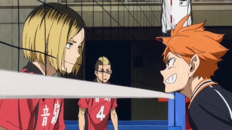 Kenma e Hinata si guardano attraverso la rete durante una partita di pallavolo in Haikyuu!!